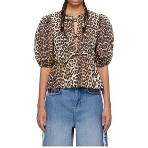 GANNI
Brown Cotton Poplin Peplum Tie Blouse